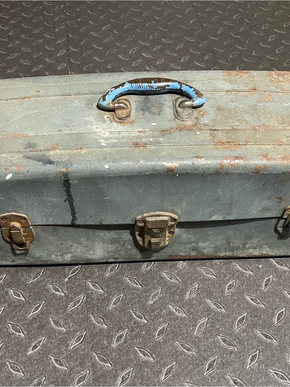 Vintage Metal Storage Box with Blue Handle